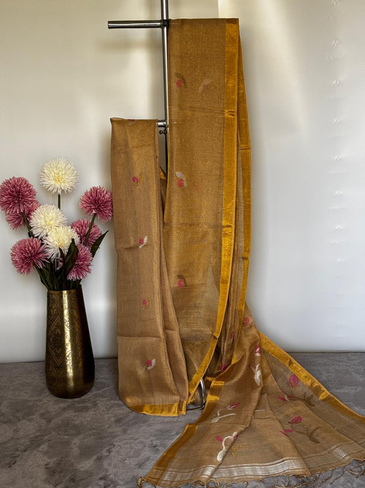 Dark Golden Tissue Linen Saree- Tulips