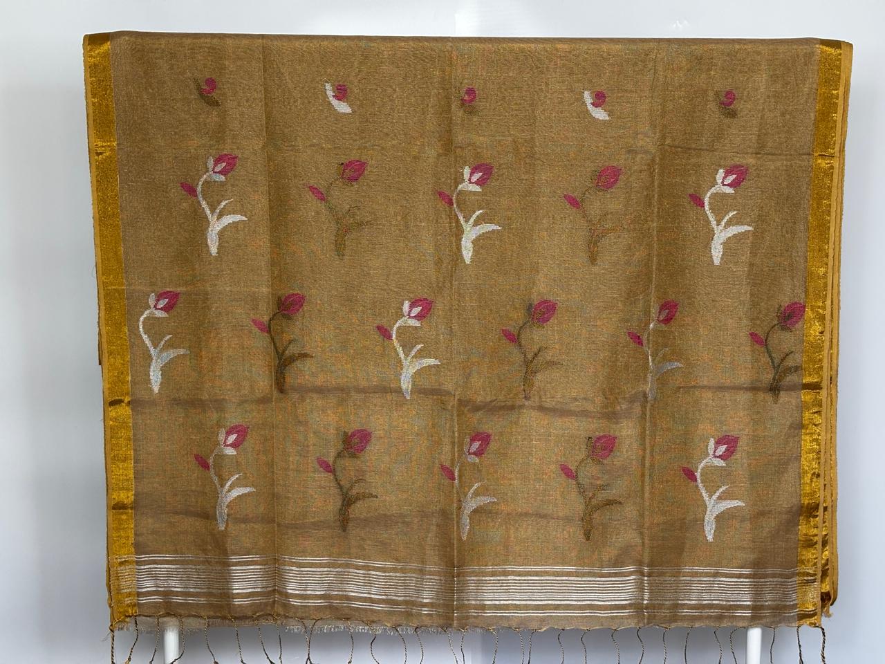 Dark Golden Tissue Linen Saree- Tulips