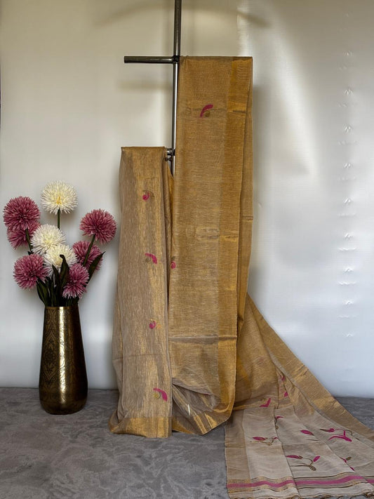 Light Golden Tissue Linen Saree - Tulips