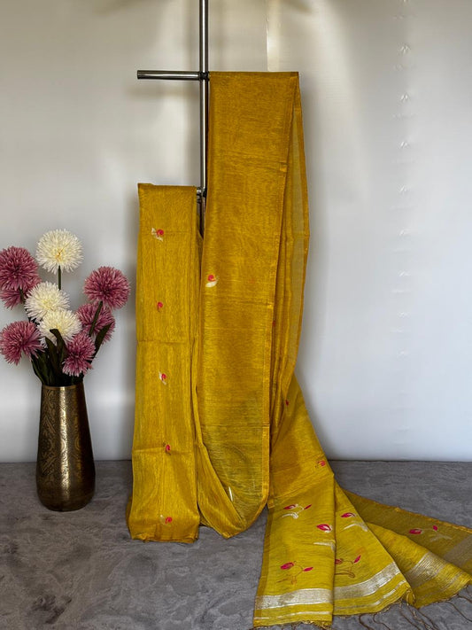 Yellow Tissue Linen Saree- Tulips