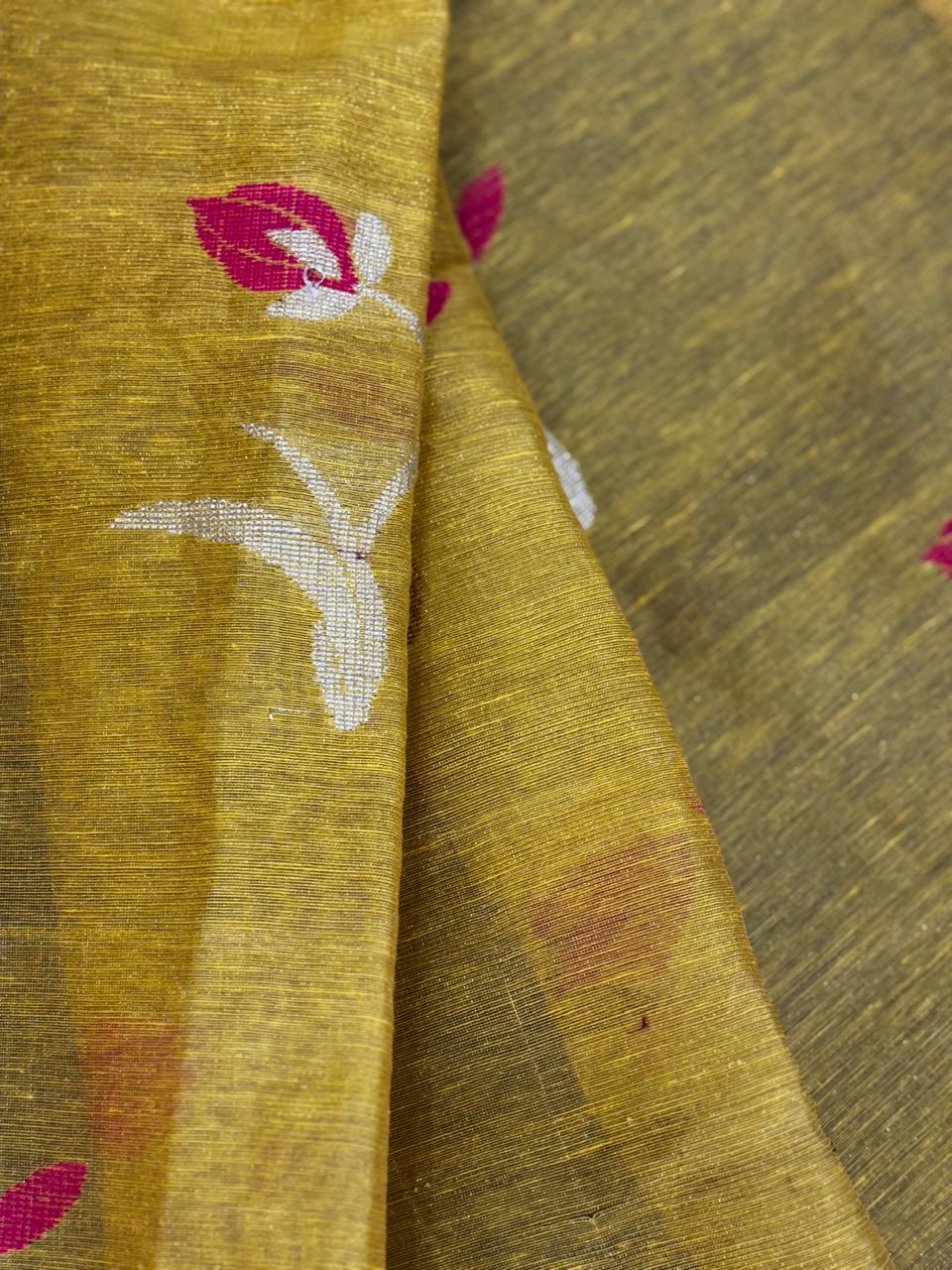 Yellow Tissue Linen Saree- Tulips