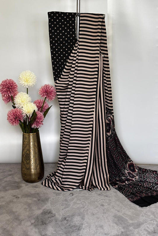 Modal Silk- Striped saree with red paalu