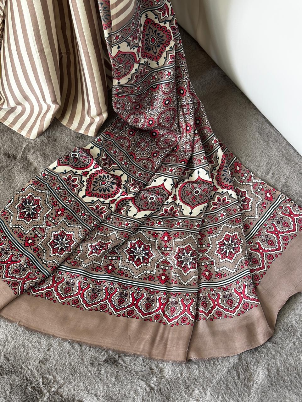 Modal Silk- Nude and beige striped saree