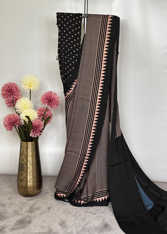 Modal Silk- Striped Saree with blue dot pallu