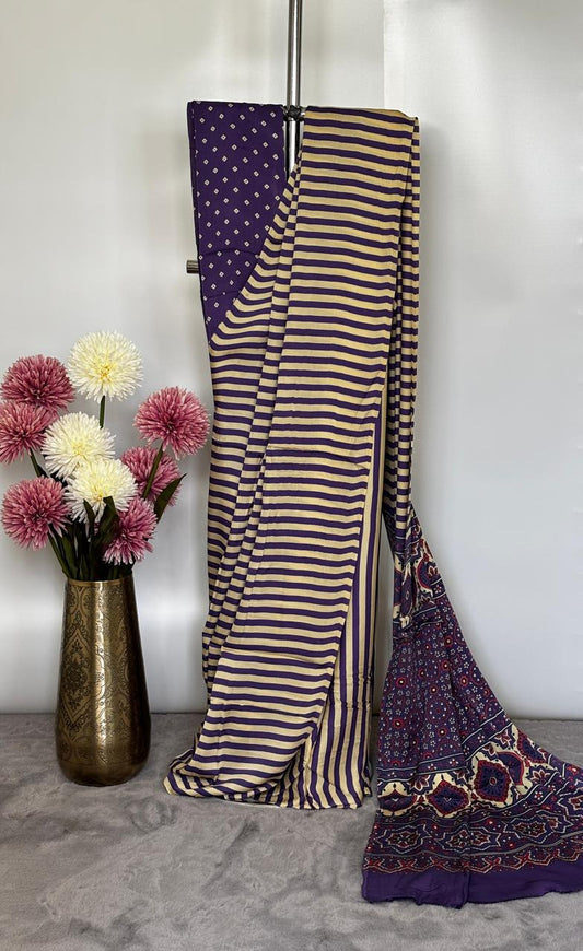 Modal Silk- Purple striped saree