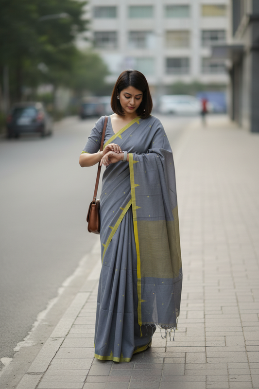 Grey and Yellow Cotton Saree