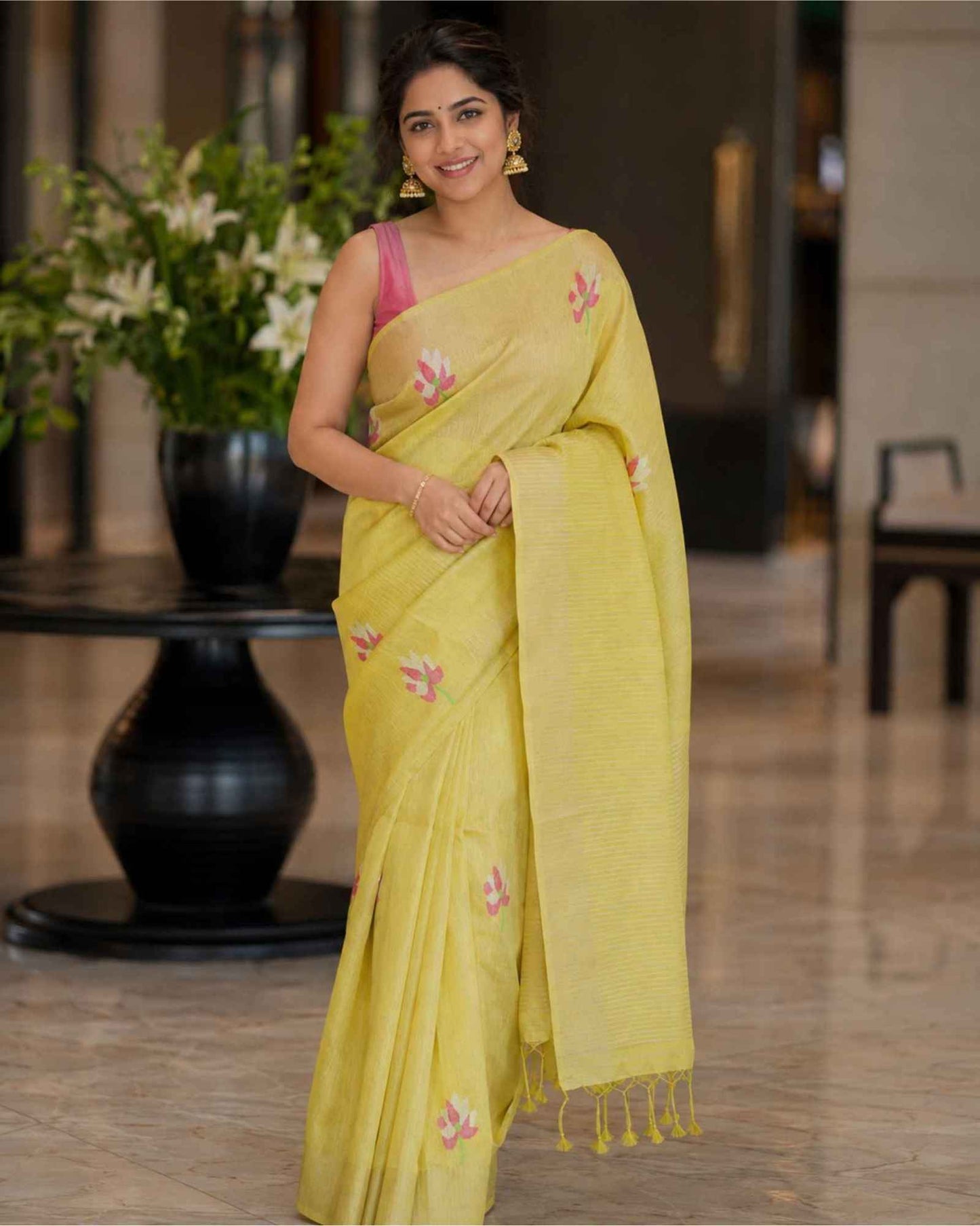 Yellow Tissue Linen Saree- Lotus