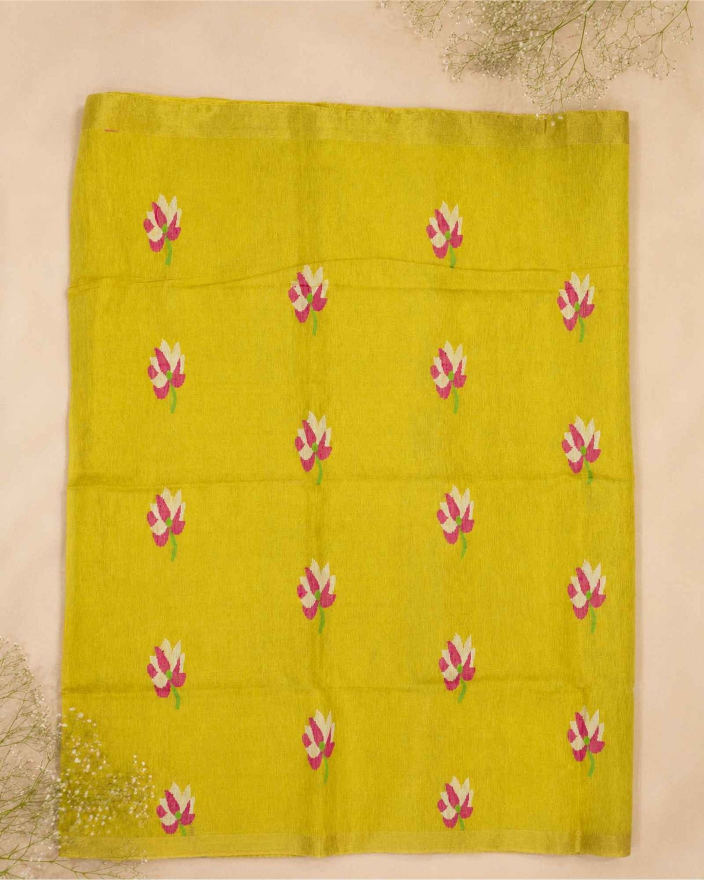 Yellow Tissue Linen Saree- Lotus