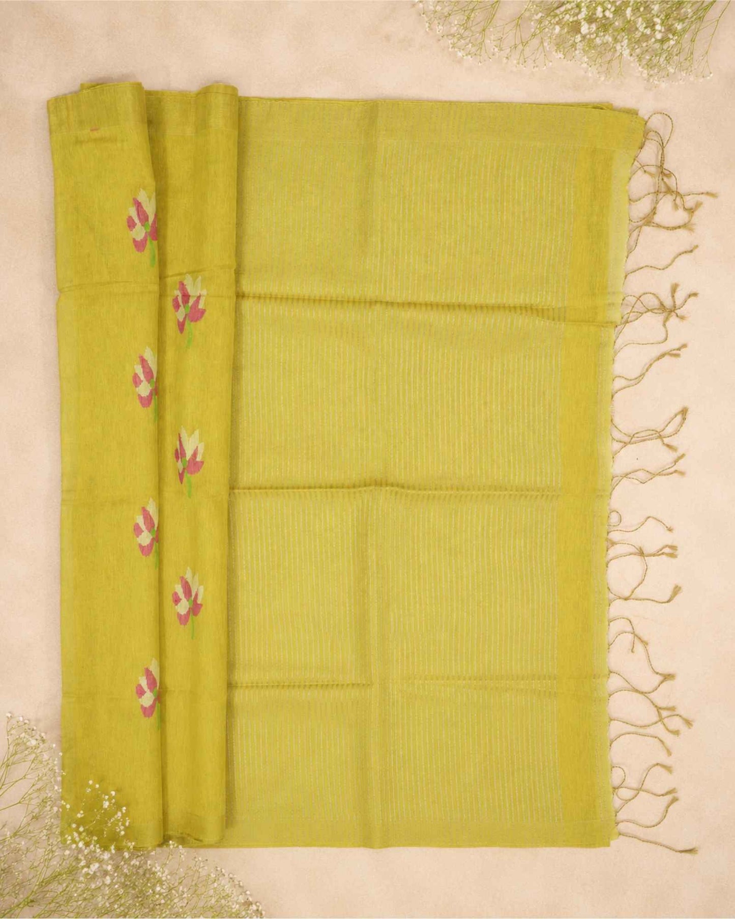 Yellow Tissue Linen Saree- Lotus