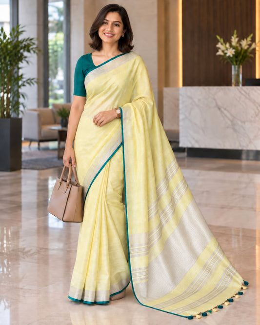 Buttercup – Butter Yellow & Teal Green Linen Saree