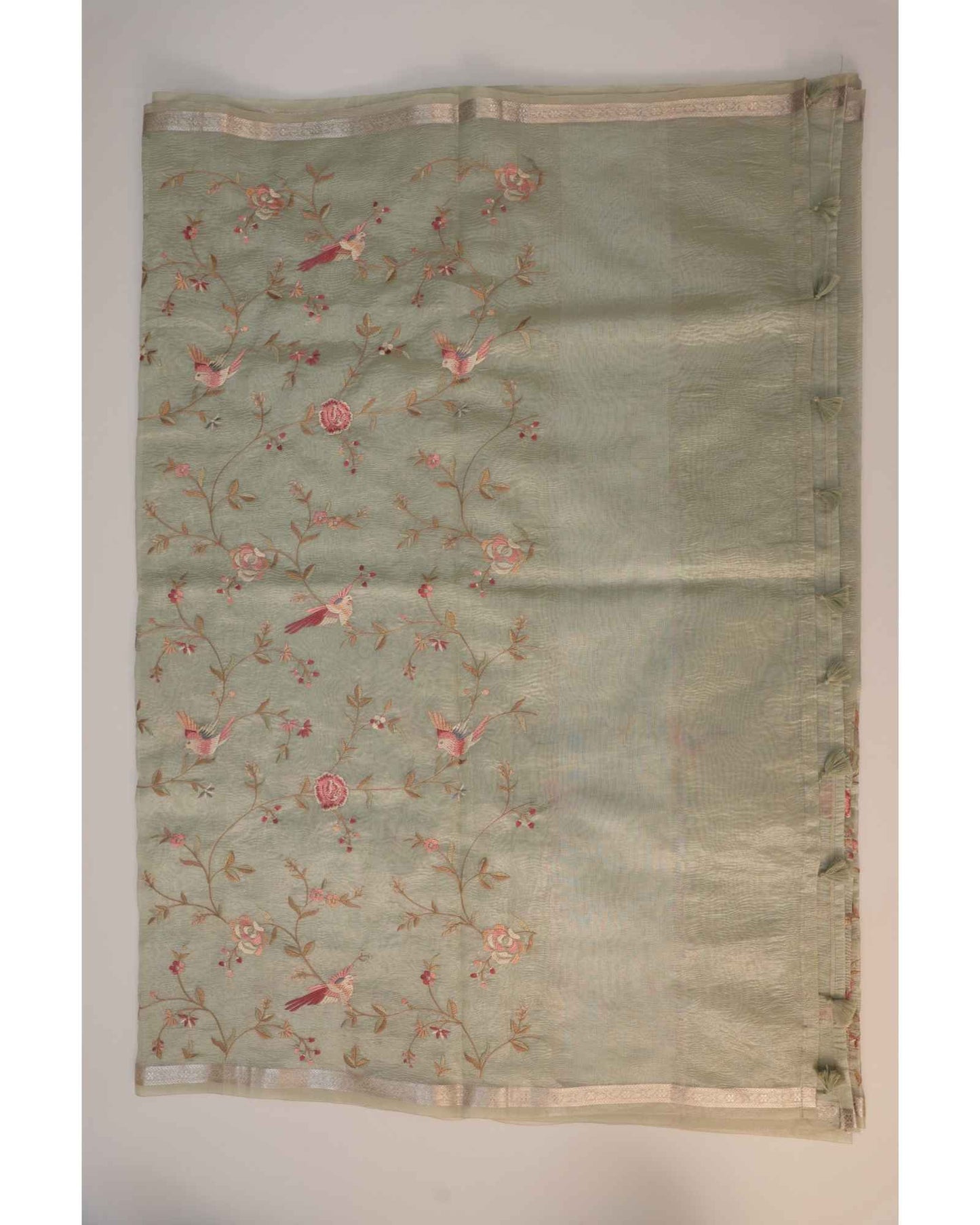 Pastel Green Crush Tissue Saree with Parsi Gara embroidery