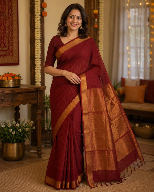 Maroon Mangalgiri Cotton Saree
