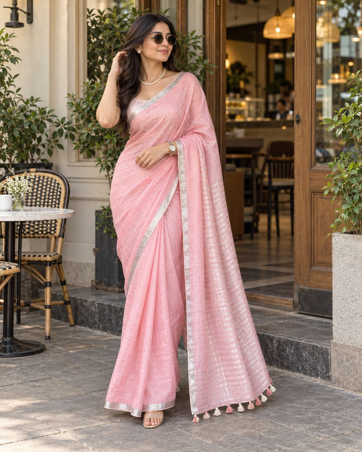 Blush - Baby Pink Linen Saree